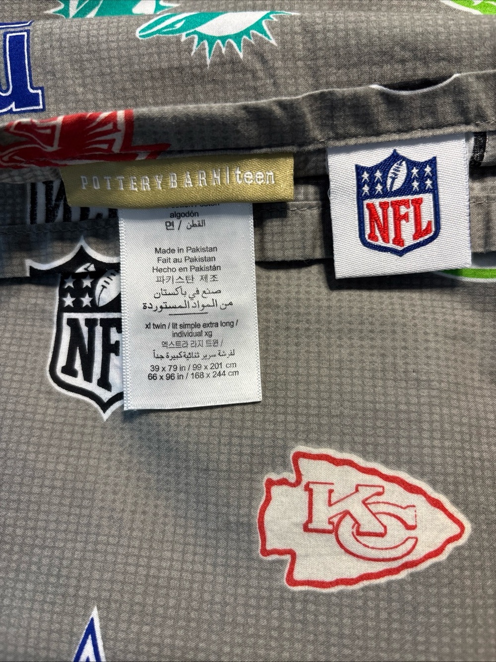POTTERY BARN PB Teen Football NFL Logo Gray Twin Flat And Fitted Sheet - Picture 2 of 3